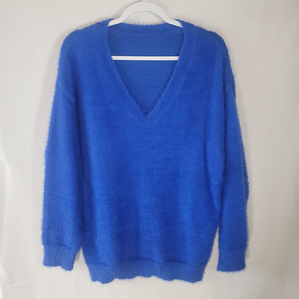 Y2K V-Neck Fuzzy Eyelash Knit Sweater Vibrant Royal Blue Small UltraSoft Fluffy